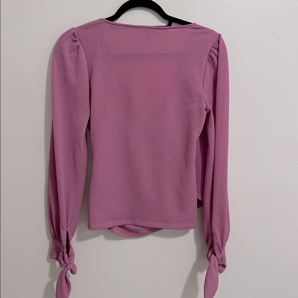 Express Pink-Purple V-Neck Faux Wrap Long Puff Sleeve Blouse Top Womens Small - Picture 3 of 4